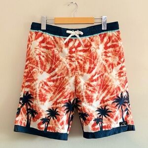 ✌️2/$10✌️Big Chill Orange Tie-Dye Swim Trunks w Navy Palm Tree Design – Size XL